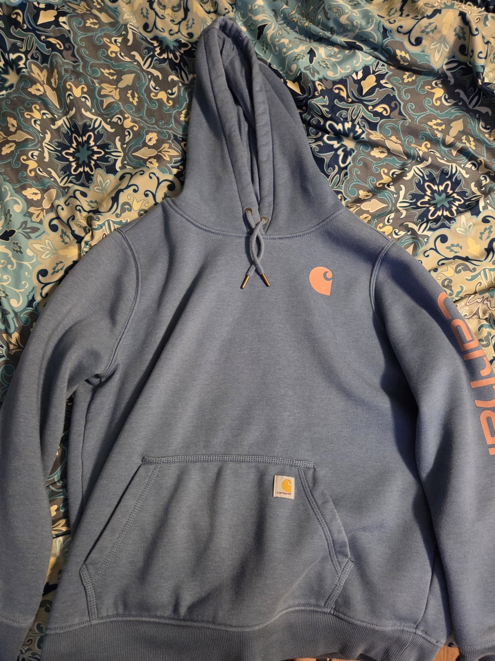 Carhartt Womens Slate Blue Crewneck Hoodie with Coral Logo - Picture 1 of 2